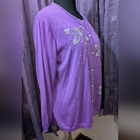 Beaded Dragonfly Embellished Purple Cardigan Sweater 1X - Picture 6 of 13